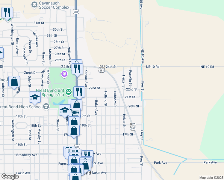 map of restaurants, bars, coffee shops, grocery stores, and more near 1600-1610 21st Street in Great Bend