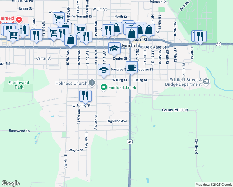 map of restaurants, bars, coffee shops, grocery stores, and more near Southwest 2nd Street in Fairfield