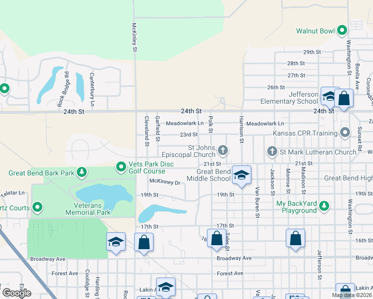 map of restaurants, bars, coffee shops, grocery stores, and more near 3627 23rd Street in Great Bend