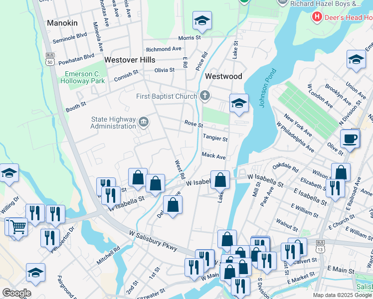 map of restaurants, bars, coffee shops, grocery stores, and more near 653 East Road in Salisbury