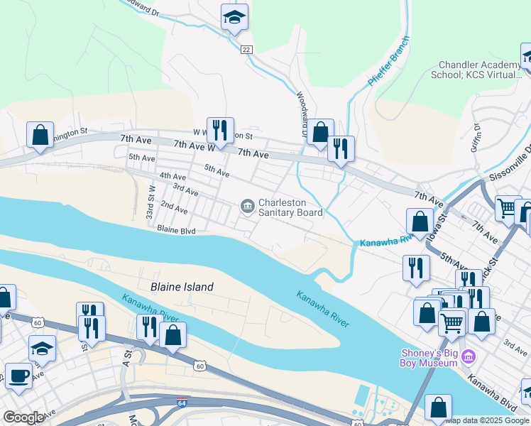 map of restaurants, bars, coffee shops, grocery stores, and more near 208 26th Street West in Charleston