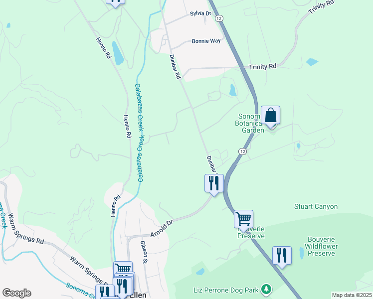 map of restaurants, bars, coffee shops, grocery stores, and more near 12575 Dunbar Road in Glen Ellen
