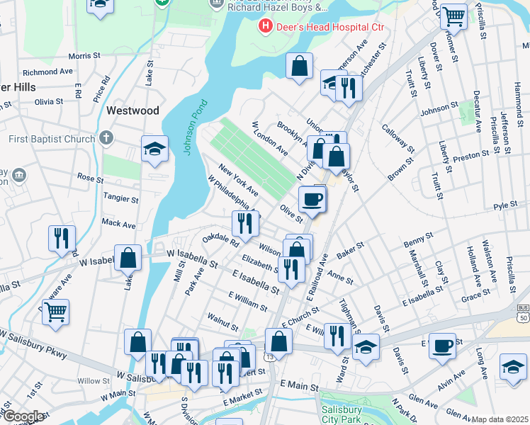 map of restaurants, bars, coffee shops, grocery stores, and more near 103 New York Avenue in Salisbury