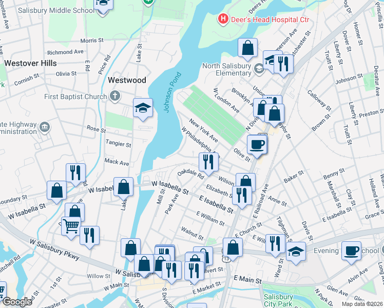 map of restaurants, bars, coffee shops, grocery stores, and more near 212 West Philadelphia Avenue in Salisbury