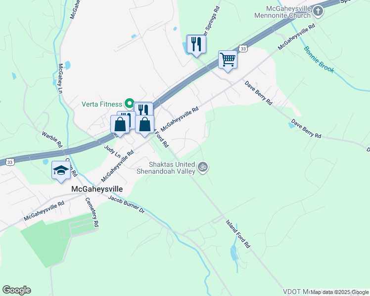map of restaurants, bars, coffee shops, grocery stores, and more near Whispering Pine Lane in McGaheysville