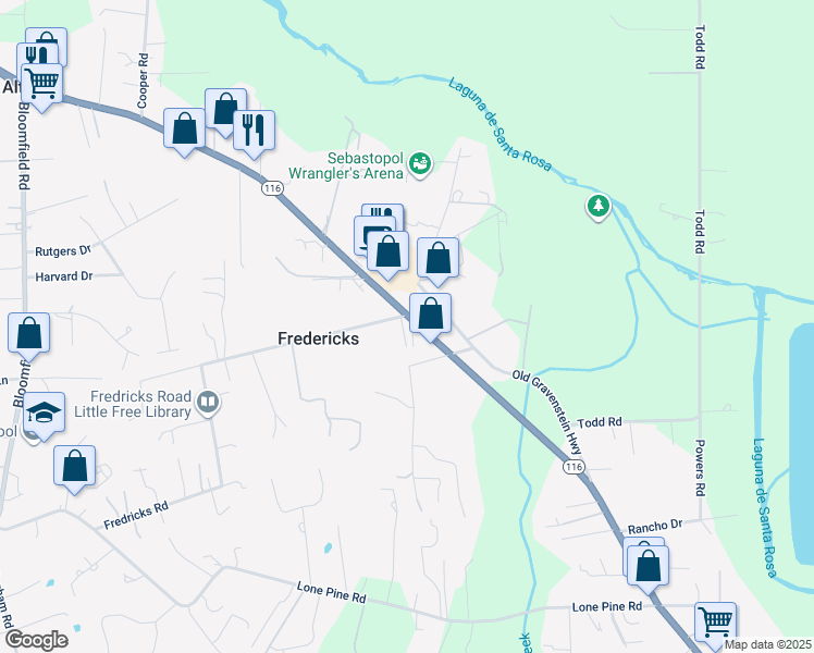 map of restaurants, bars, coffee shops, grocery stores, and more near 2800 Gravenstein Highway South in Sebastopol