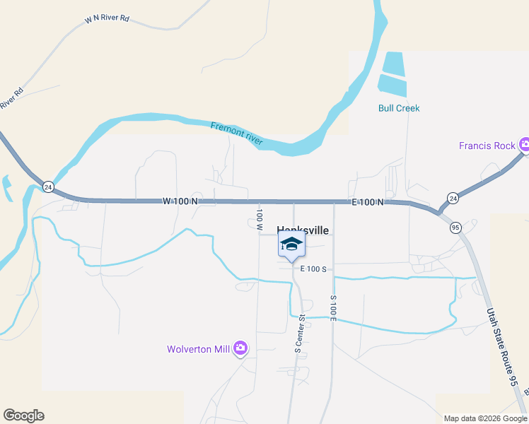 map of restaurants, bars, coffee shops, grocery stores, and more near 65 East 100 North in Hanksville