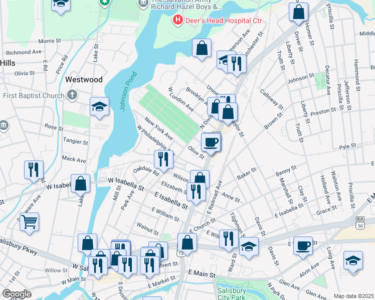 map of restaurants, bars, coffee shops, grocery stores, and more near 103 New York Avenue in Salisbury