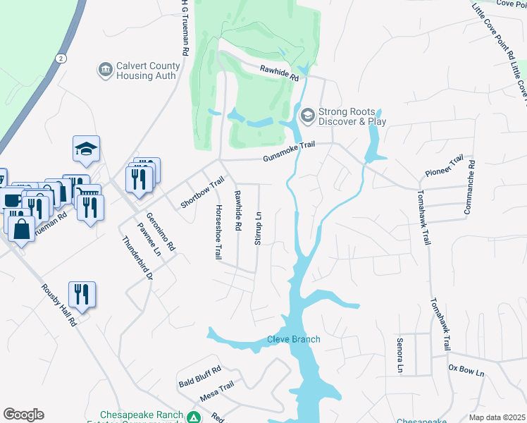 map of restaurants, bars, coffee shops, grocery stores, and more near 11436 Stirrup Lane in Lusby