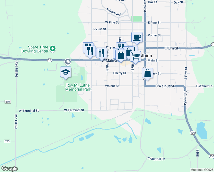 map of restaurants, bars, coffee shops, grocery stores, and more near 200 West Walnut Street in Albion