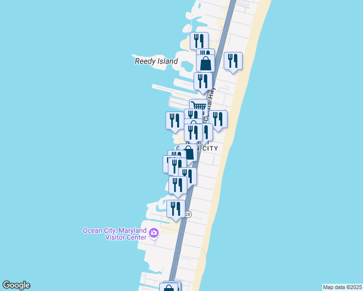 map of restaurants, bars, coffee shops, grocery stores, and more near 117 49th Street in Ocean City