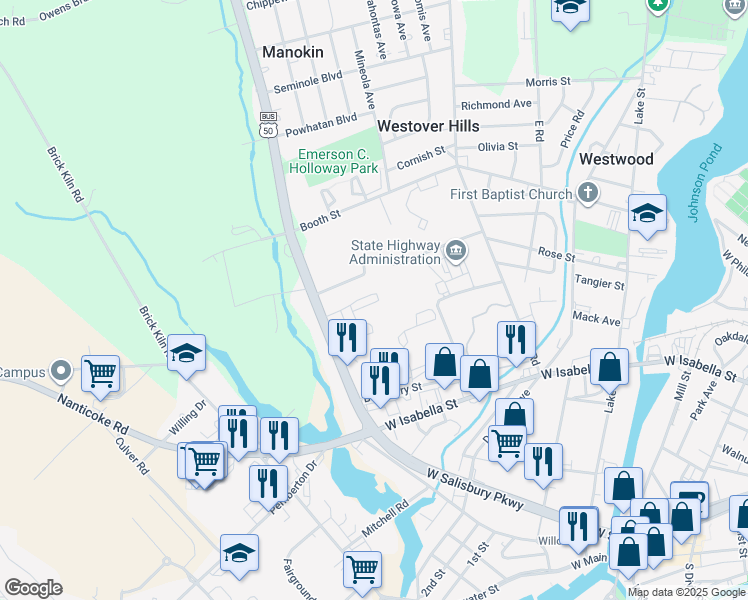map of restaurants, bars, coffee shops, grocery stores, and more near 943 Gateway Street in Salisbury