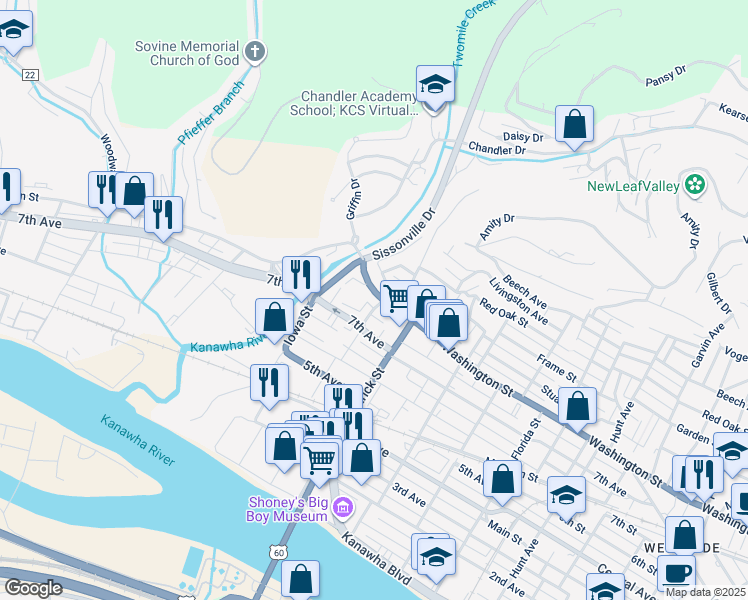 map of restaurants, bars, coffee shops, grocery stores, and more near 1710 Cliffview Avenue in Charleston
