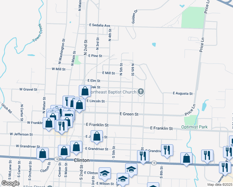 map of restaurants, bars, coffee shops, grocery stores, and more near 412 East Oak Street in Clinton