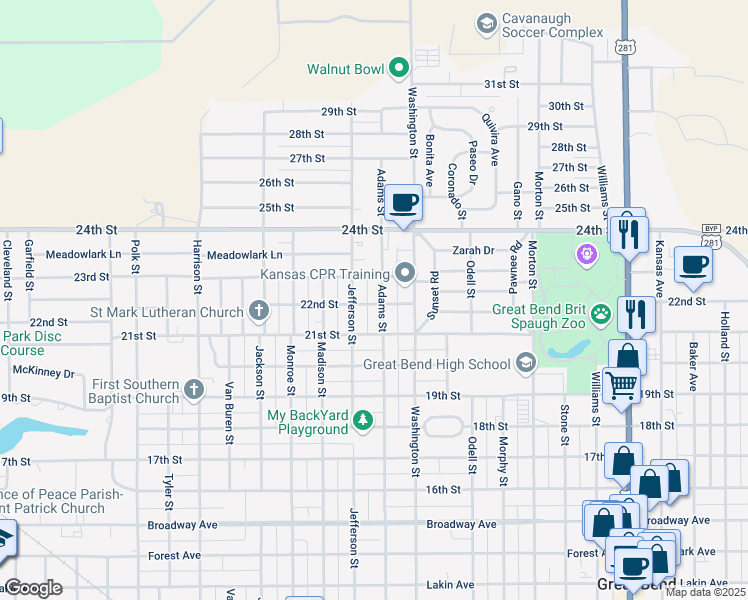 map of restaurants, bars, coffee shops, grocery stores, and more near 2700-2798 23rd Street in Great Bend
