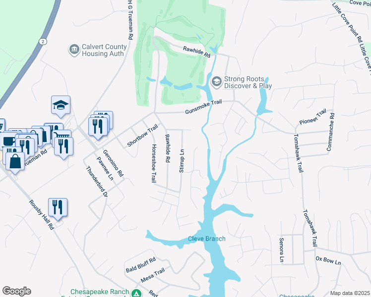 map of restaurants, bars, coffee shops, grocery stores, and more near 11436 Stirrup Lane in Lusby