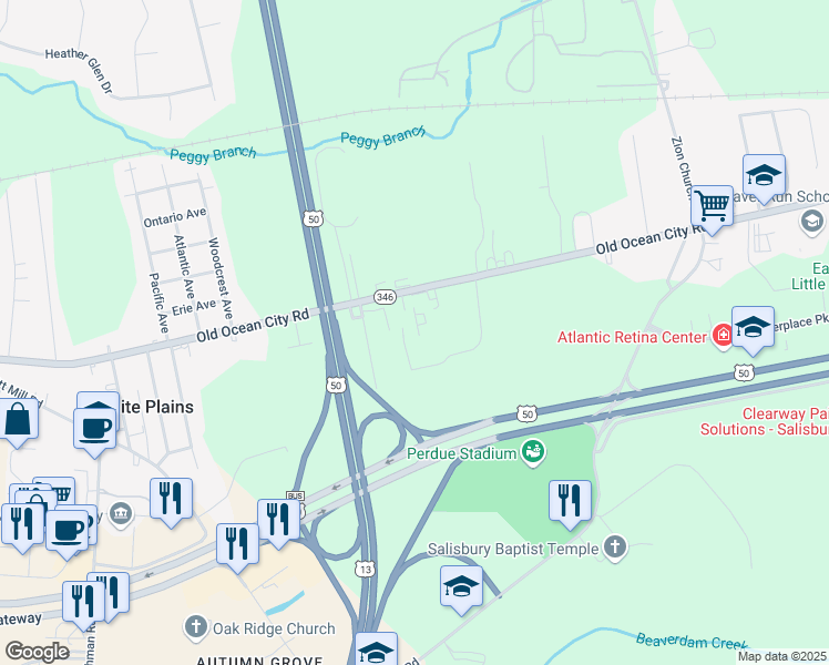 map of restaurants, bars, coffee shops, grocery stores, and more near 31149 Old Ocean City Road in Salisbury