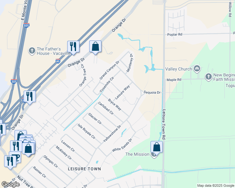 map of restaurants, bars, coffee shops, grocery stores, and more near 200 Leisure Way in Vacaville