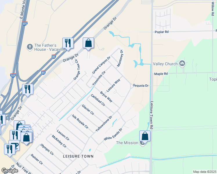 map of restaurants, bars, coffee shops, grocery stores, and more near 100 Sequoia Drive in Vacaville