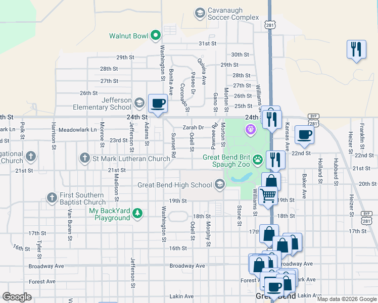 map of restaurants, bars, coffee shops, grocery stores, and more near Odell Street in Great Bend