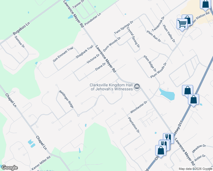 map of restaurants, bars, coffee shops, grocery stores, and more near 2104 Pleasantview Court in New Albany