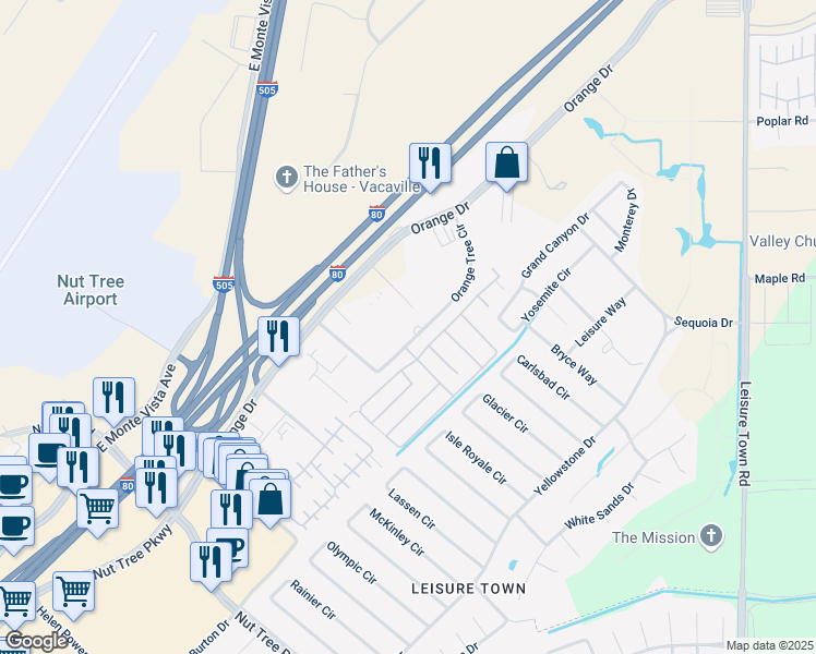 map of restaurants, bars, coffee shops, grocery stores, and more near 50 Orange Tree Circle in Vacaville