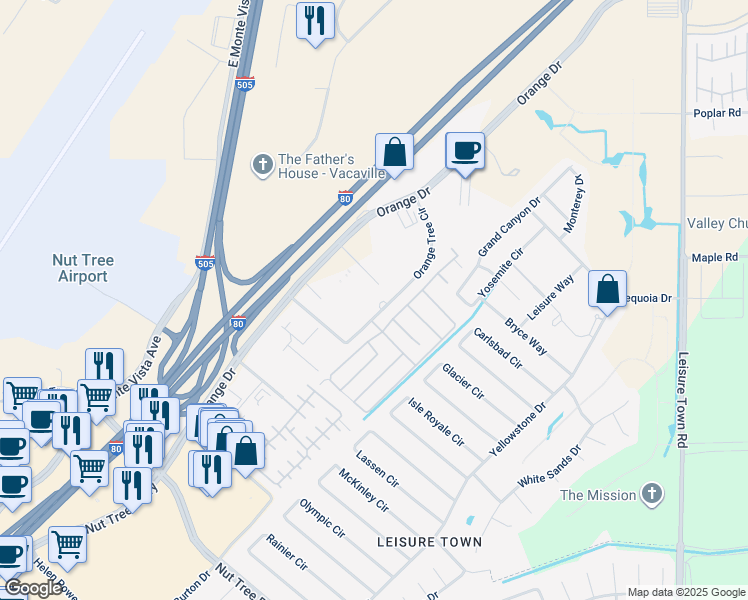 map of restaurants, bars, coffee shops, grocery stores, and more near 40 Orange Tree Circle in Vacaville