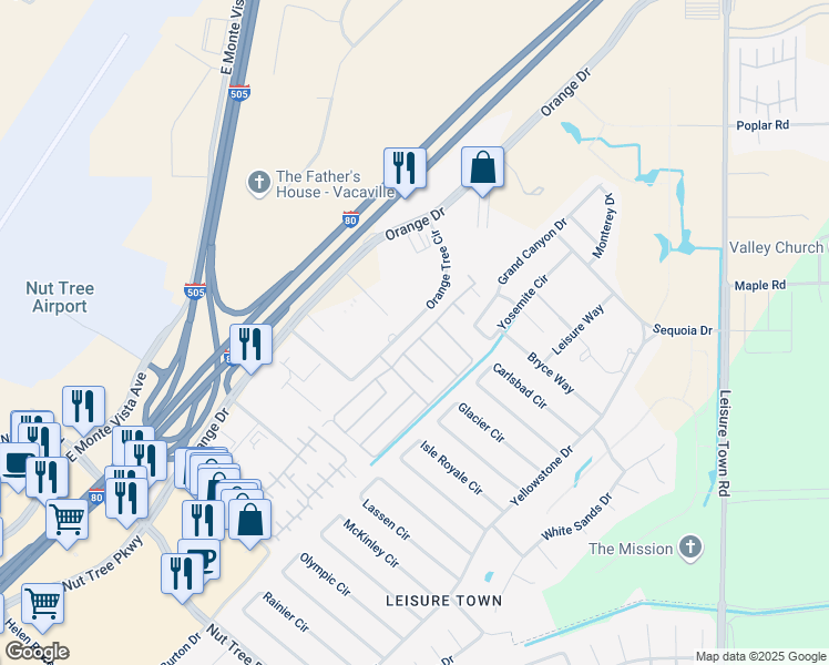 map of restaurants, bars, coffee shops, grocery stores, and more near 254 Bartlett Lane in Vacaville