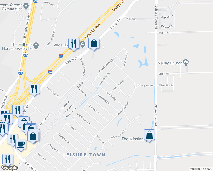 map of restaurants, bars, coffee shops, grocery stores, and more near 1061 Plumas court in Vacaville