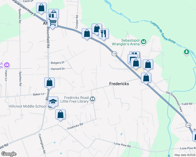 map of restaurants, bars, coffee shops, grocery stores, and more near 5932 Fredricks Road in Sebastopol