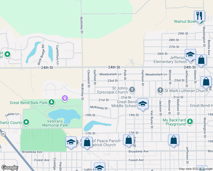map of restaurants, bars, coffee shops, grocery stores, and more near 3627 23rd Street in Great Bend
