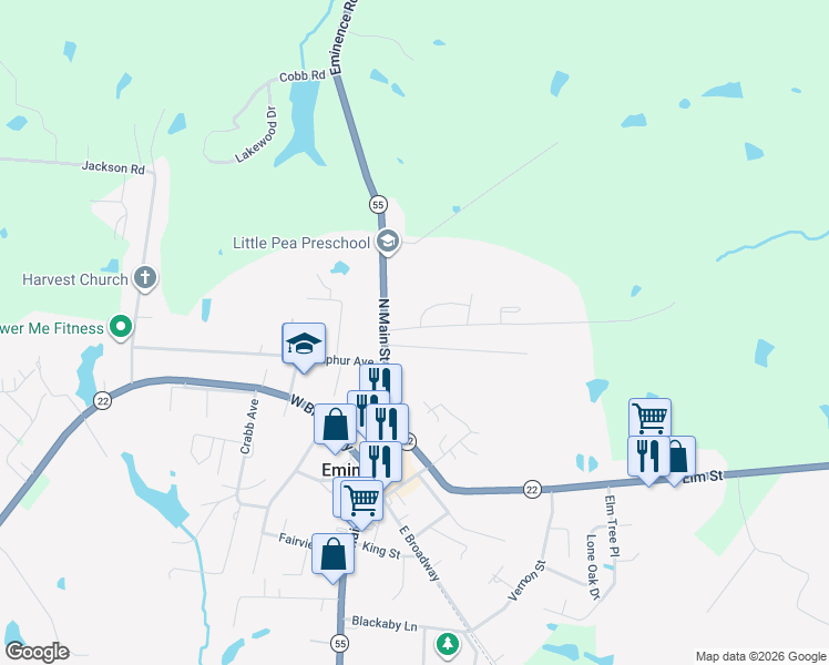 map of restaurants, bars, coffee shops, grocery stores, and more near 54 Lou Avenue in Eminence
