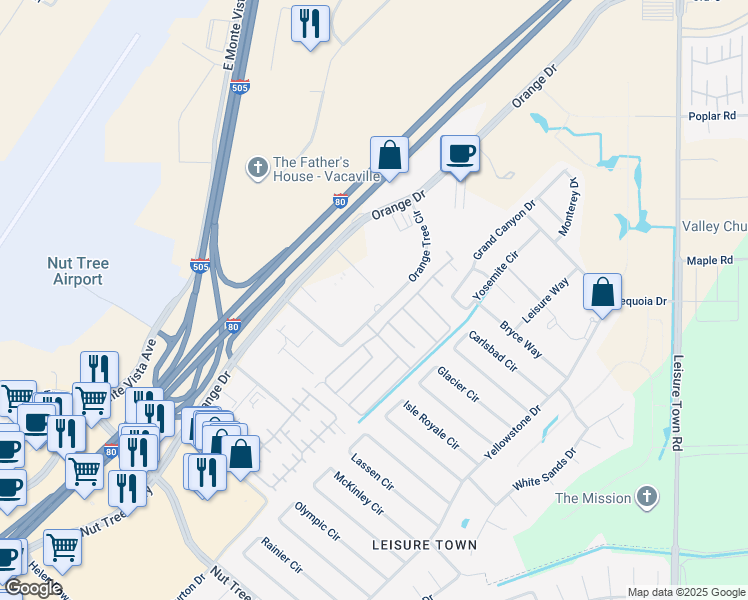 map of restaurants, bars, coffee shops, grocery stores, and more near 40 Orange Tree Circle in Vacaville