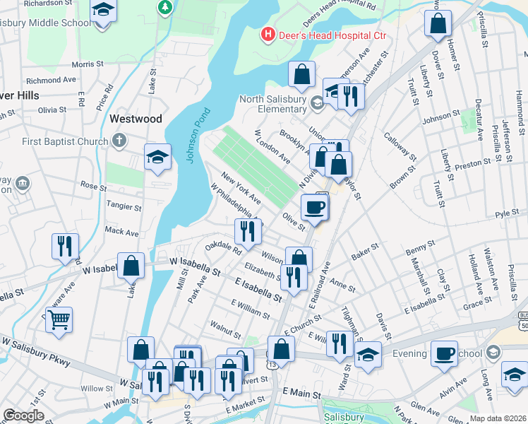 map of restaurants, bars, coffee shops, grocery stores, and more near 103 New York Avenue in Salisbury
