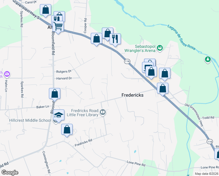 map of restaurants, bars, coffee shops, grocery stores, and more near 5932 Fredricks Road in Sebastopol