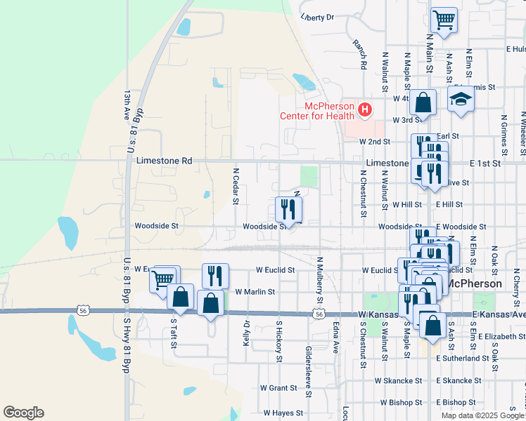 map of restaurants, bars, coffee shops, grocery stores, and more near 514 North Buckeye Street in McPherson