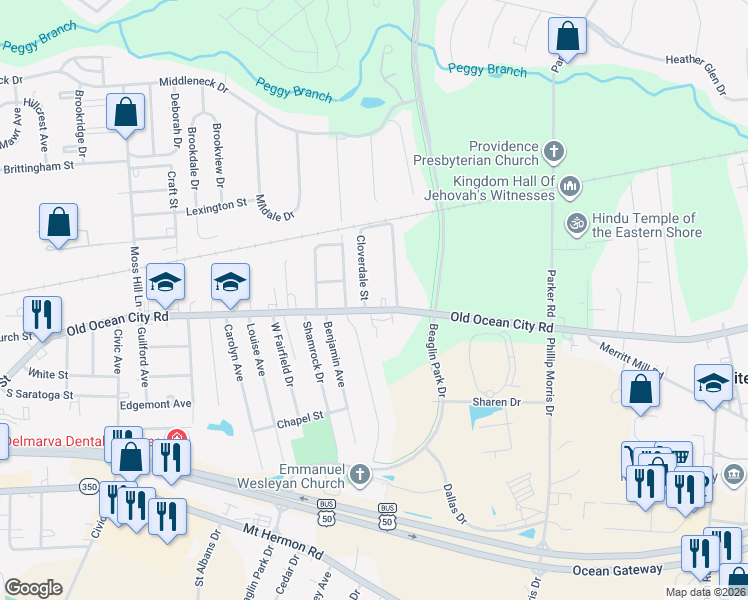 map of restaurants, bars, coffee shops, grocery stores, and more near 100 Cloverdale Street in Salisbury