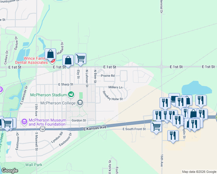 map of restaurants, bars, coffee shops, grocery stores, and more near 450 Millers Lane in McPherson