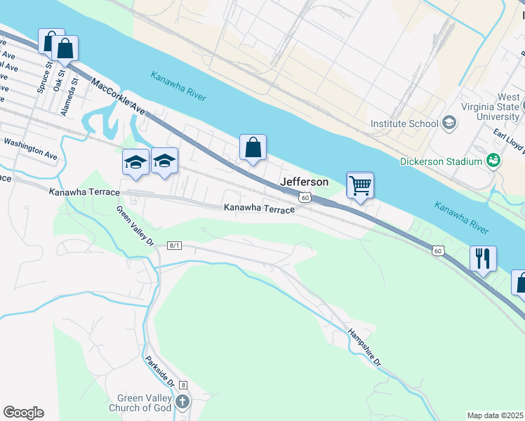 map of restaurants, bars, coffee shops, grocery stores, and more near 3239 Kanawha Terrace in Saint Albans