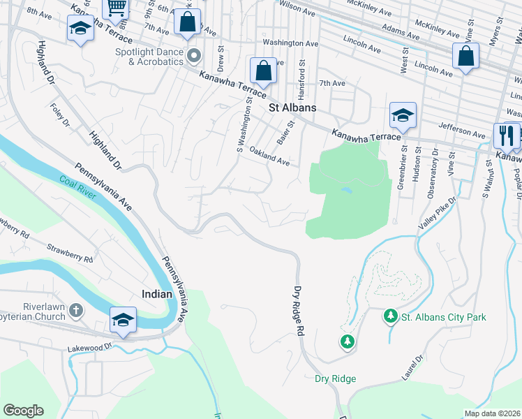 map of restaurants, bars, coffee shops, grocery stores, and more near 910 Woodside Drive in Saint Albans