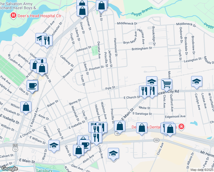 map of restaurants, bars, coffee shops, grocery stores, and more near 404 Priscilla Street in Salisbury