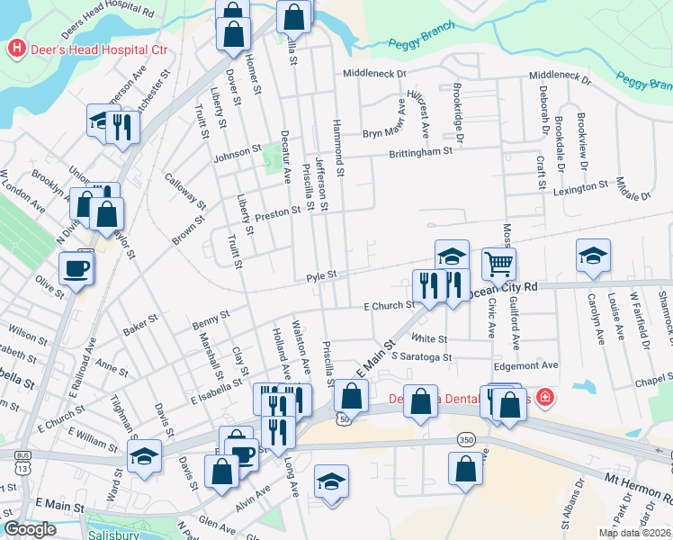 map of restaurants, bars, coffee shops, grocery stores, and more near 401 Jefferson Street in Salisbury
