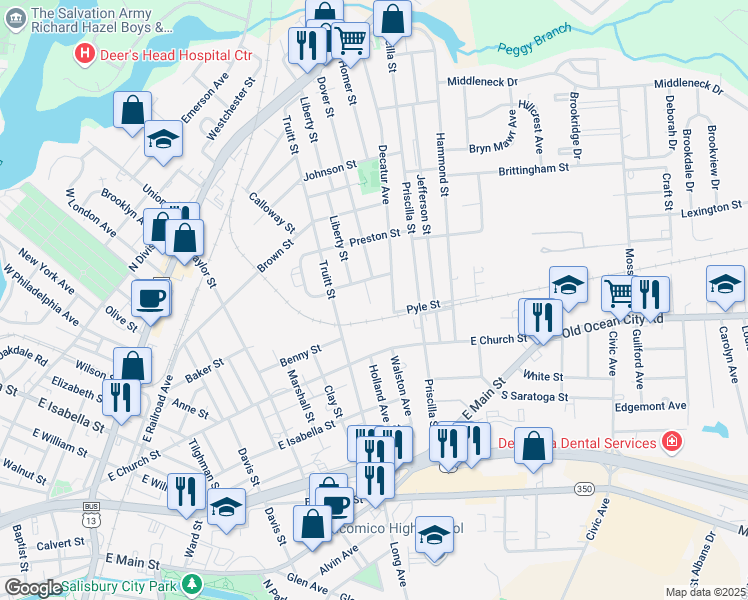 map of restaurants, bars, coffee shops, grocery stores, and more near 301 Nice Place in Salisbury