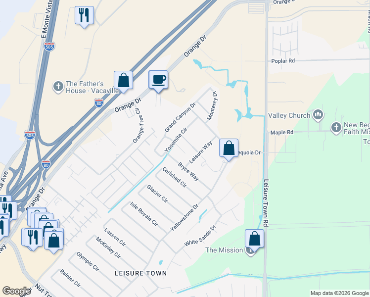 map of restaurants, bars, coffee shops, grocery stores, and more near 1061 Plumas court in Vacaville