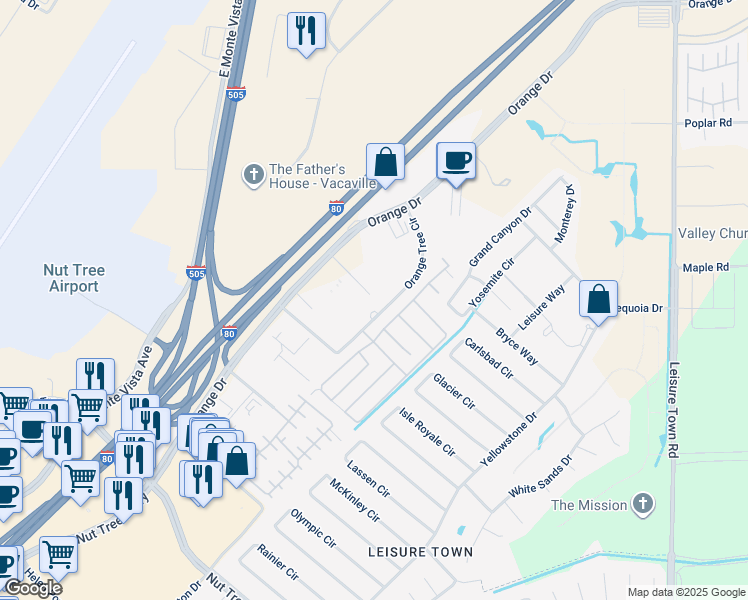map of restaurants, bars, coffee shops, grocery stores, and more near 50 Orange Tree Circle in Vacaville