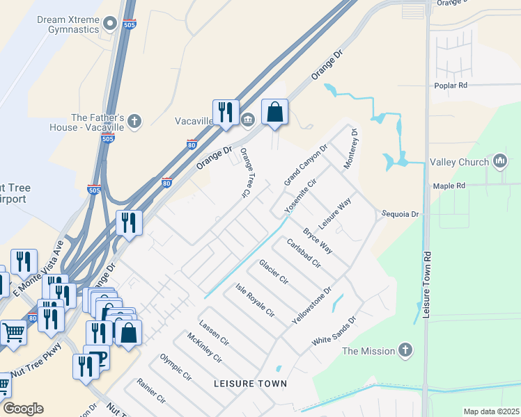 map of restaurants, bars, coffee shops, grocery stores, and more near 313 Pippin Court in Vacaville
