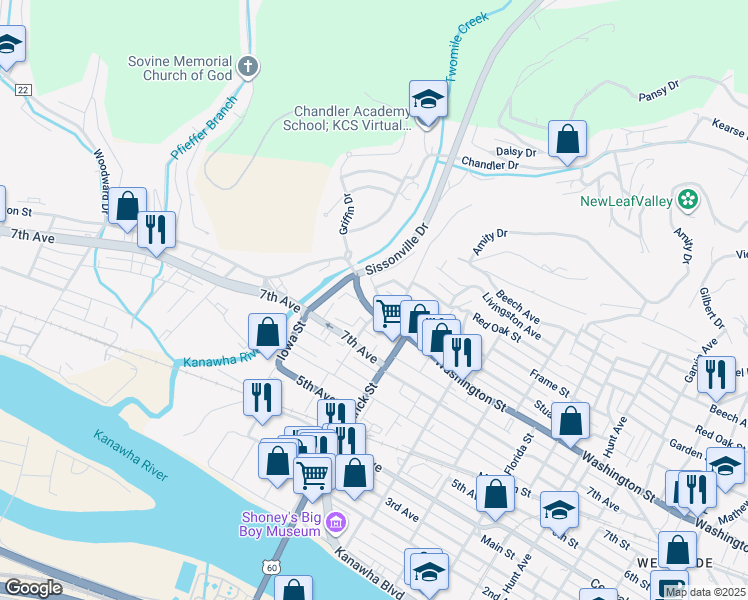 map of restaurants, bars, coffee shops, grocery stores, and more near 1710 Cliffview Avenue in Charleston