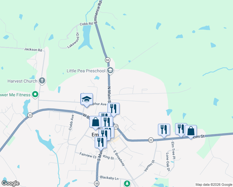 map of restaurants, bars, coffee shops, grocery stores, and more near 54 Lou Avenue in Eminence