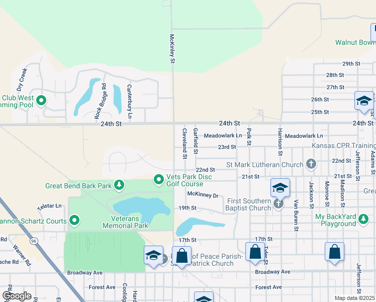 map of restaurants, bars, coffee shops, grocery stores, and more near 2230 Cleveland Street in Great Bend