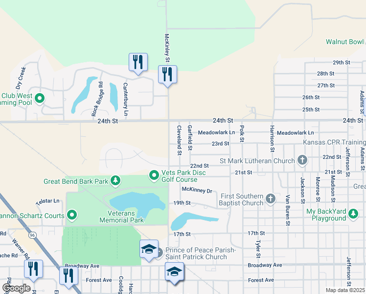 map of restaurants, bars, coffee shops, grocery stores, and more near 2230 Cleveland Street in Great Bend
